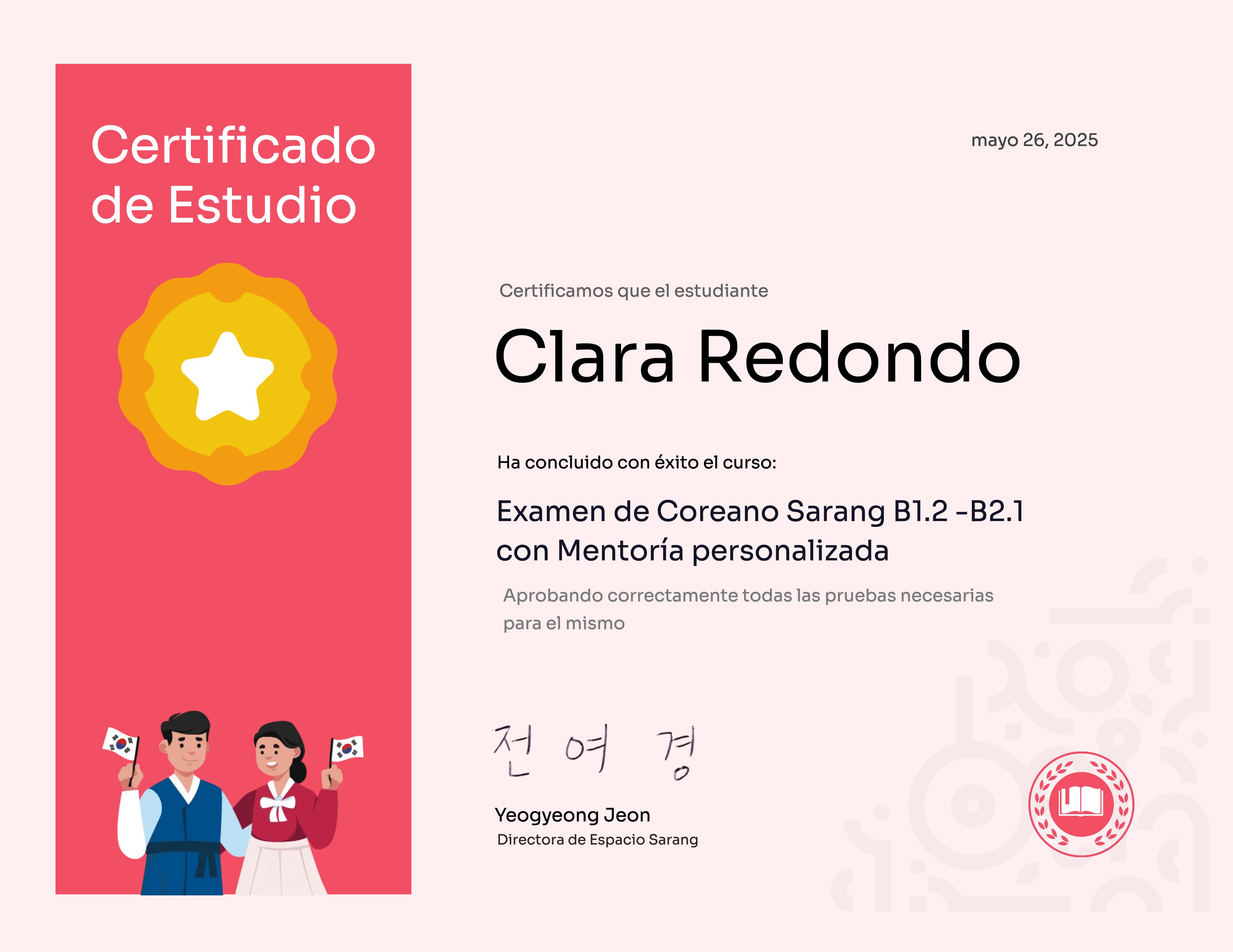 Examen de Coreano Sarang B1.2 -B2.1 con Mentoría personalizada